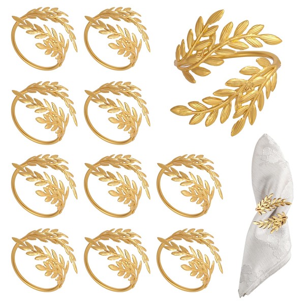 Gosknor 12pcs Gold Wheat Napkin Rings, Leaf Shaped Metal Cloth