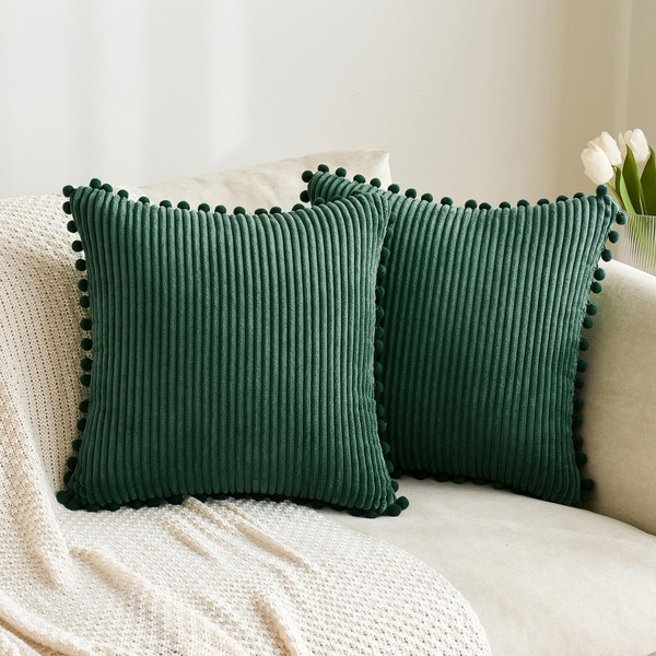 MIULEE Boho Decorative Throw Pillow Covers with Pom-poms, Soft Corduroy Square Solid Cushion Cases for Couch Sofa Bedroom, 18x18 inch Christmas Green