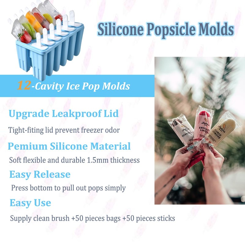 Silicone Popsicle Molds with Sticks Wpunwen 12 Cavity Ice Popsicle
