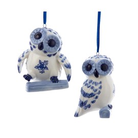 The Bridge Collection Delft Blue and White Owl Ornaments - Set of 2 - Porcelain Floral Owl Ornaments for Holiday Decor - Floral Owl Bird Christmas Ornaments