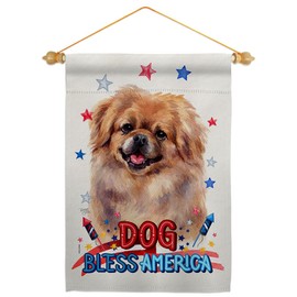 Breeze Decor Patriotic Pekingese Garden Flag Set Wood Dowel Dog Puppy Spoiled Paw Canine Fur Pet Nature Farm Animal Creature House Banner Small Yard Gift Double-Sided, Made in USA