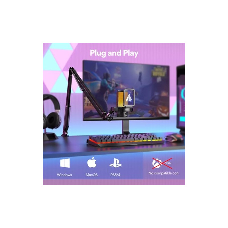 MAONO Gaming Microfono USB, RGB y Brazo micrófono PC Condensador