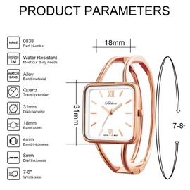 Blekon Collections Womens 30mm Square Elegant Metal Cuff Bangle Fashion Watch (Rose Gold)