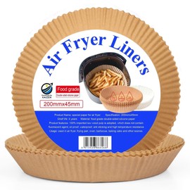 Essentials by Kaizen Air Fryer Liners - 7.9 inch Round Disposable Parchment Paper, 100 Pcs, Non-stick, 1.8 inch Height, Oil-proof & Heat-resistant, Food-Grade Liners for Air Fryers, Baking, Cooking