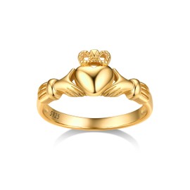 Bestyle Gold Claddagh Ring Sterling Silver Women Simple Finger Band Ring Stacking Ring, Eternity Love Band Ring for Her, Great Irish Celtic Jewelry, Size 9