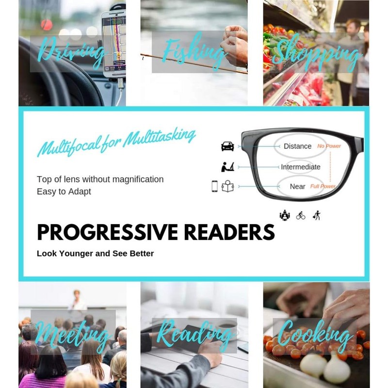 ProEyes Preston, Progressive Blue Light Blocking Readers, 0 Strength on