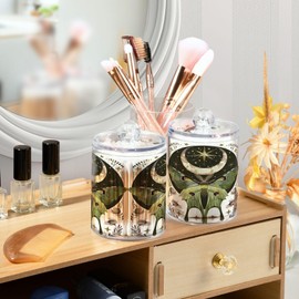 2 Pack Qtip Holder Dispenser for Cotton Ball Luna Moth Moon Swab Round Pads Clear Plastic Acrylic Jar Set Bathroom Canister