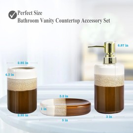 YabcY Bath Set Natural Reactive Glazed Ceramic 3-Piece Bathroom Accessory Set, Brown with Gold Accents, Soap Dispenser, Soap Dish, Toothbrush Holder for Home Hotel