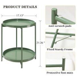 TeoKJ 2 Tier Green Side Table, Folding Round Metal End Table Small Nightstand with Two Removable Tray for Bedroom Living Room Bedside Small Spaces Dark Green