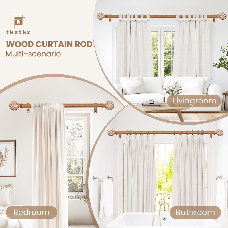 TKZTKZ Wood Curtain Rods for Windows 66-120" 2 Pack:Boho Farmhouse