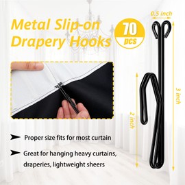 70 Pieces Slip on Drapery Hooks Metal Curtain Hooks Slip on Drapery Hook Pins for Window Curtain, Door Curtain and Shower Curtain (Black)