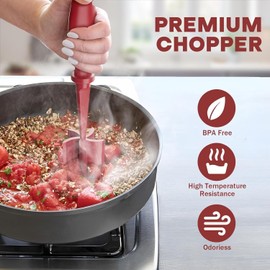 Multipurpose TAHAA Meat Chopper and Masher - Perfect for Ground Beef, Turkey, Hamburger Meat, and More - Durable Nylon Material, Heat Resistant and Non-Stick Safe Kitchen Utensil (Red)