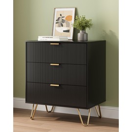 AEPOALUA Black Fluted 3 Drawer Dresser for Bedroom, Modern Storage Dresser Chest Cabinet Organizer with Anti-Tip Hardware for Living Room, Dressing Room, Hallway
