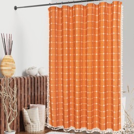 MitoVilla Orange Boho Shower Curtains for Modern Farmhouse Bathroom Decor, Fall Vintage Country Linen Cloth Shower Curtain with Cute Trendy Rustic Tassel, Terracotta/Burnt Orange, 72 x 72