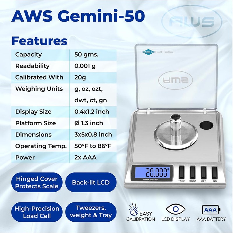 Gemini-20 Milligram Scale – Digital Jewelry/Lab Scale for Powder, Gold,