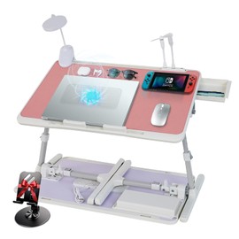 iXTRA Laptop Lap Desk Include Cooling Fan,Adjustable Lap Desk with Light Fan,Folding Laptop Desk for Bed with USB,Bed Desk with Storage Drawer 56x32cm,Pink