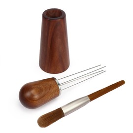 Wood Espresso Coffee Stirrer Professional Coffee WDT Tool for Espresso Distribution with 4 Stainless Steel Needles Wood Handle, Base and Brush