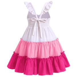 FYMNSI Toddler Baby Girls' Dresses Summer Rainbow Boho Dress Sleeveless Ruffle Cotton Smocked Beach Sundress Kids Casual Holiday Birthday Party Dress First Day of Kindergarten Outfit Rose Pink 5-6 Y