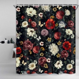 Drgilau Floral Shower Curtain, Vintage Floral Shower Curtain Set Red Flower Plants Bathroom Curtain, Boho Flower Shower Curtain Set with Hooks for Bathroom Decor 36X72 Inch