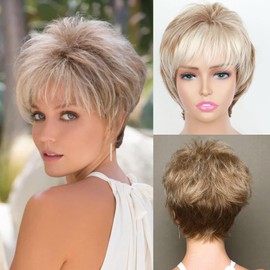 LEOSA Short Straight Brown Layered Wig Pixie Cut Wig with Side Part Bangs for White Women,Synthetic Short Bob Highlight Golden Blonde WIG Natural Pixie Cut Wigs for Daily Party (Blonde Brown-7294)