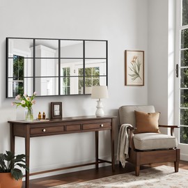 YIROMAN Window Pane Mirror, 30x55 Inch Black Rectangular Decorative Wall Mirror, Large Window Metal Framed Mirror for Bedroom Living Room Fireplace Entryway, Hanging or Leaning Against Wall