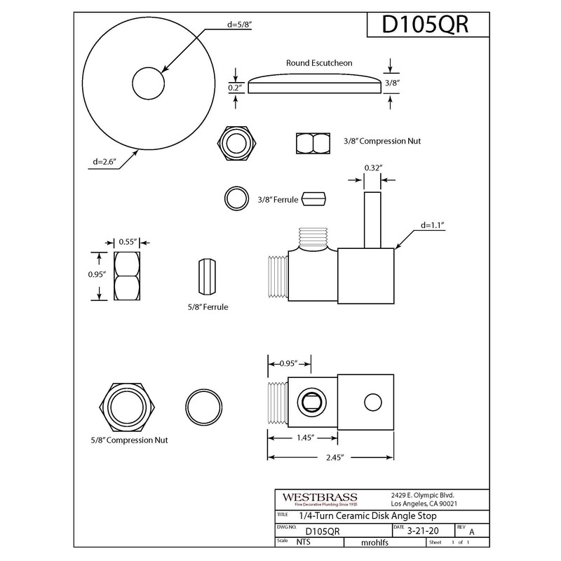 Westbrass D105QR-07 Round Lever 1/4-Turn Angle Stop 1/2" Copper x