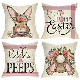 Fjfz Happy Easter Bunny Egg Decorative Throw Pillow Covers 16 x 16 Set of 4, Hello Peeps Religious Pink Stripe Rabbit Porch Home Decor, Spring Floral Wreath Farmhouse Outdoor Sofa Couch Cushion Case