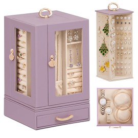 Enthralite Jewelry Box large for Dresser: Women Necklace Ring Storage Organizer with Compartments - Elegant Earring Holder Display (Grey Purple)