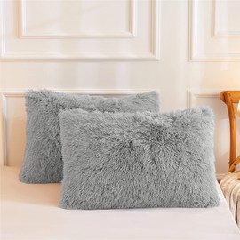 Faux Fur Throw Pillow Covers, Fluffy Soft Fuzzy Decorative Pillow Cases Cute Pillowcases for Home Bedroom Living Room, Zipper Closure, Set of 2 (Gray, Standard 20"x 26")