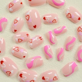 24 Pcs Valentine Press on Nails Heart Press on Nails Short RIICFDD Square Fake Nails Pink White Curve Stick on Nails Full Cover Cartoon Heart False Nails Glue on Nails for Women Cute Nails