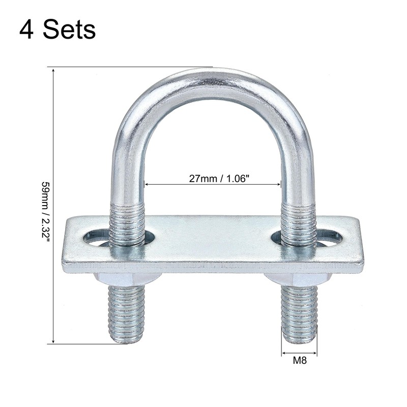 sourcing map Set of 4 Round U-Bolts Steel M8 with
