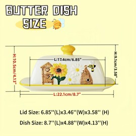 HAN SHENG Ceramic Butter Dish with Lid Honeycomb Embossed Airtight Butter Keeper Butter Container Farmhouse Design for Countertop Storage Rustic Kitchen Decor, Bee Garden Theme Gift for Butter Lovers