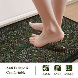 Collive Anti Fatigue Kitchen Rugs Sets of 2, Non Slip Waterproof Kitchen Mat Spring Vintage Floral Runner Rug, Ergonomic Comfort Desk Rugs for Floor, 20" x 47" + 20" x 32", Dark Green