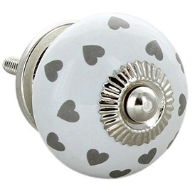 Set of 8 White Grey Hearts Ceramic Door Knobs Vintage Shabby Chic Cupboard Drawer Pull Handles by G Decor