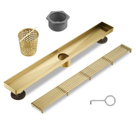 BAUNVB Linear Shower Drain 24 Inch, Brushed Gold 304 Stainless Steel Rectangular Shower Drain, 51L/Min Fast Drainage Floor Linear Drain, US Standard CUPC Certified, Zirconium Gold, SD-108-24ZG