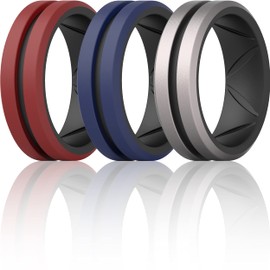 ThunderFit Silicone Wedding Rings for Men - Bevelled 2Layer Mid Line - 8.2mm Wide 2.5mm Thick(Black Dark Red A, Black-Gun Metal C, Black-Dark Blue B - Size 9.5-10 (19.8mm))