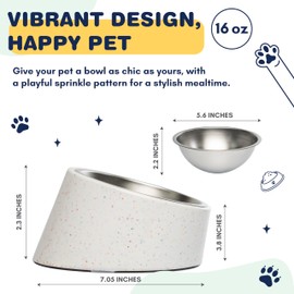 Bzyoo 2 Cup Tilted Dog Bowl for Small Dogs & Cats, Stylish Sprinkle Design, Elevated, Stainless Steel 16oz Inner Bowl, Non-Skid, Reduce Spillage, BPA-Free, Dishwasher Safe Color:White