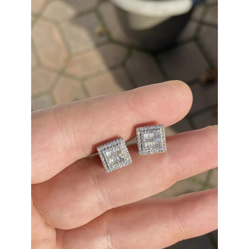 Harlembling Mens Real Solid Sterling Silver CZ Baguette Earrings Studs