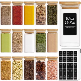 ComSaf 16Pcs Glass Spice Jars with Bamboo Lid, 10oz Airtight Square Containers with 275 Black Lables, Empty Seasoning Jars for Spice Salt Sugar
