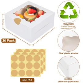 Colovis 30 Pcs White Bakery Boxes with Window, 6 X 6 X 3 Inches, White Paperboard Treat Boxes for Cookies, Pastry, Cookies, Strawberries, Macarons