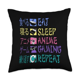 Kawaii Anime Merch Manga For Men Women Kids Eat Sleep Gaming Repeat Kawaii Otaku Anime Manga Kanji Throw Pillow, 18x18, Multicolor