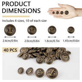 UPIQNG 40Pcs Metal Buttons Round Vintage Brass Clothes Buttons Sewing Button Set DIY Accessories for Uniform Blazer Jacket Suits,15MM,18MM,20MM,25MM (Bronze Color)