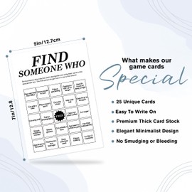 Find Someone Who Bingo Cards, 25 Unique Randomized 5x7 Sheets, Get to Know You Bingo Game for Adults, Ice Breaker Office Party Games, Team Building Games for Work, High Replay Value - B004