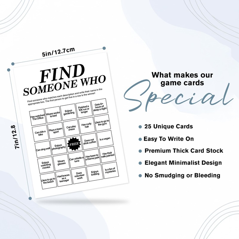 Find Someone Who Bingo Cards, 25 Unique Randomized 5x7 Sheets,