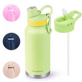 ThermoProof Double-Walled Vacuum Insulated Stainless Steel Water Bottle - Wide Mouth Canteen, Spout & Straw Lids, Dishwasher Safe, Reusable, Leakproof, Hot & Cold for Men, Women - 32oz, Fresh Mint