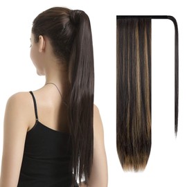 BARSDAR 26 inch Ponytail Extension Long Straight Wrap Around Clip in Synthetic Fiber Hair for Women - Dark Brown mix Strawberry Blonde Unevenly Evenly