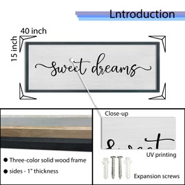 FZMHASLWW Sweet Dreams Wall Decor Above Bed Sign 40" x 15" Wood Framed Rustic Master Bedroom Over Bed Farmhouse Guest Room Signs Wall Art Decoration (Black)