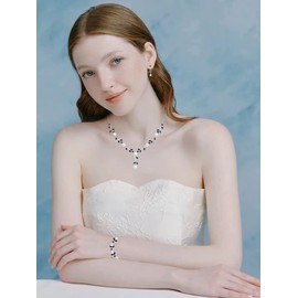 Luxury Cubic Zirconia Aurtrian Crystal Pearl Floral Necklace Dangle Earrings Wedding Bridal Jewelry Set Birthday Gifts for Her (Style02-Black-Silver Plated)