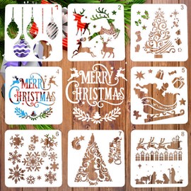 8 Piece Stencil Christmas Set Xmas Stencils, LYPER Drawing Stencils Painting Stencils Made of Plastic, Santa Claus, Christmas Tree, Snowflakes, Bells, Reindeer Stencil for DIY Christmas Decoration