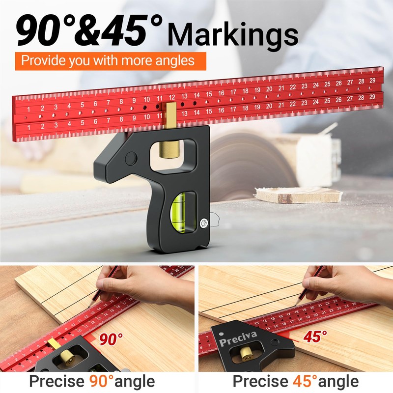 Combination Square, Preciva Carpenter Marking Gauge 45/90 Degrees with Bubble